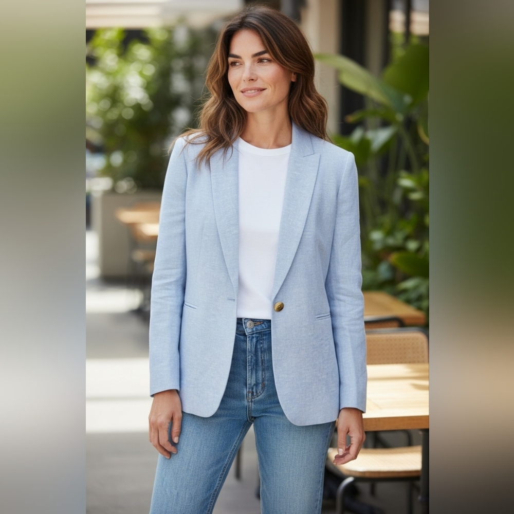 J.Crew Factory Dusty Peri Linen Blend Blazer Gold Button Jacket